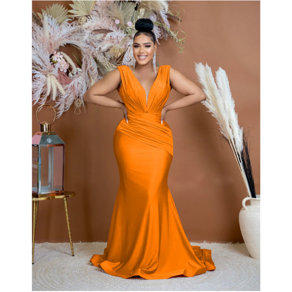 Fashion Women's Solid V-Neck Sleeveless Pleated Long Dress