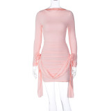 Solid color long sleeved round neck slim fitting patchwork ribbon flower versatile dress