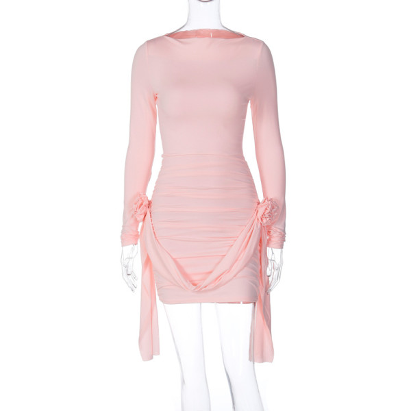 Solid color long sleeved round neck slim fitting patchwork ribbon flower versatile dress