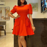 High Waist Slim Solid Bow Dress