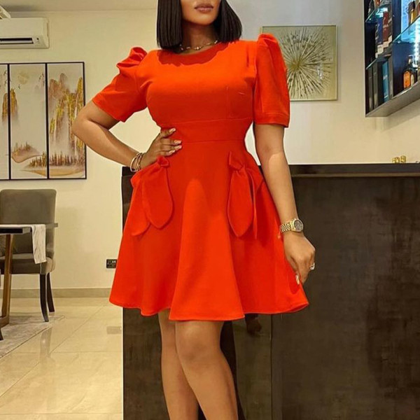 High Waist Slim Solid Bow Dress