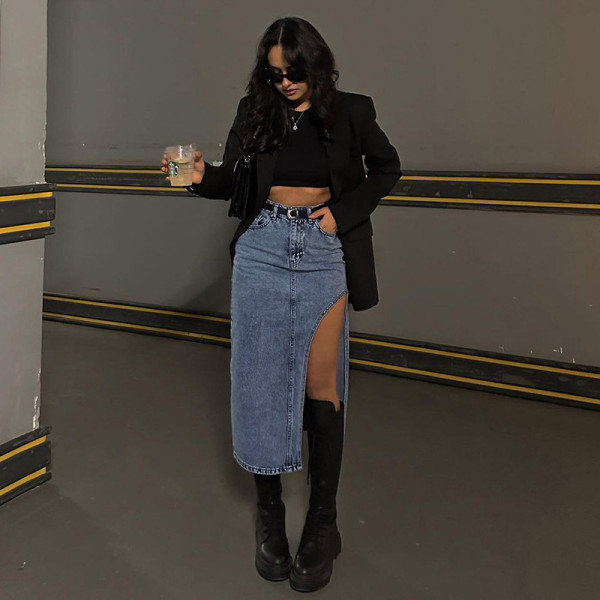 Slim Fit Hundred Pagoda Skirt Women's Trendy One Side Split Denim Half Skirt