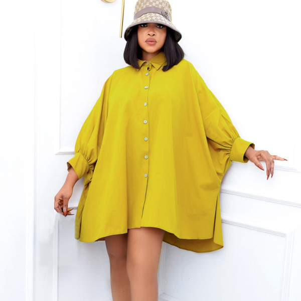 Loose Waist Style Polo Collar Solid Large Shirt Dress Dress