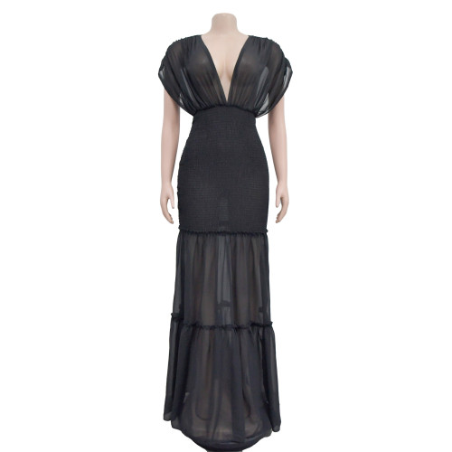 Women's solid color pleated V-neck sleeveless long dress dress