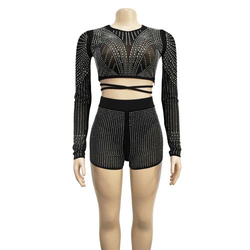 Women's solid color mesh hot diamond long sleeved shorts two-piece set