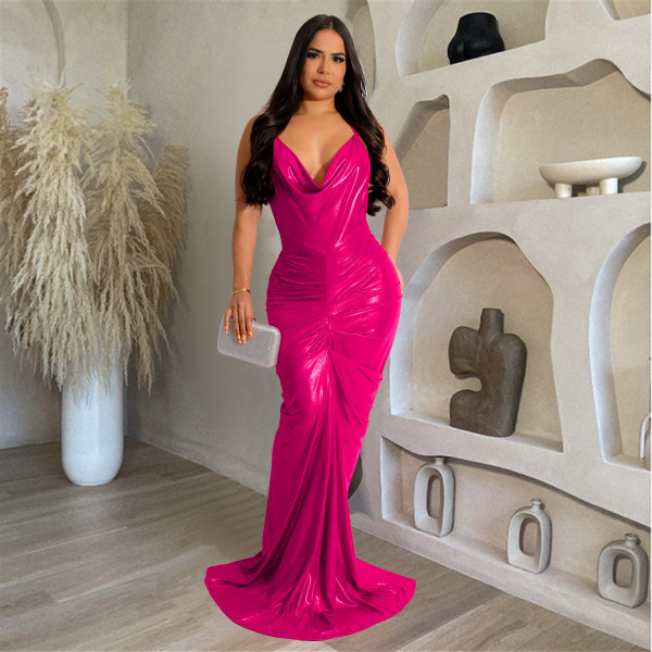 Fashion Women's Solid Color Shoulder Lace up Sleeveless Long Dress Dress