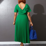Ruffled Short Sleeve Oblique Shoulder Pleated Dress