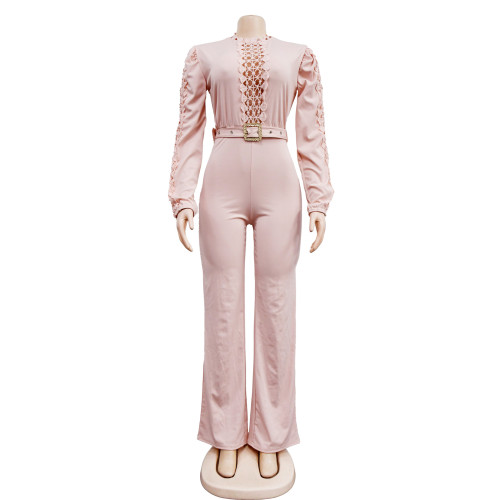 Women's waistband lace cut out solid color long sleeved pants jumpsuit