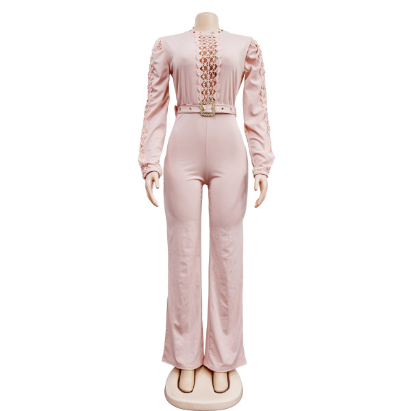 Women's waistband lace cut out solid color long sleeved pants jumpsuit