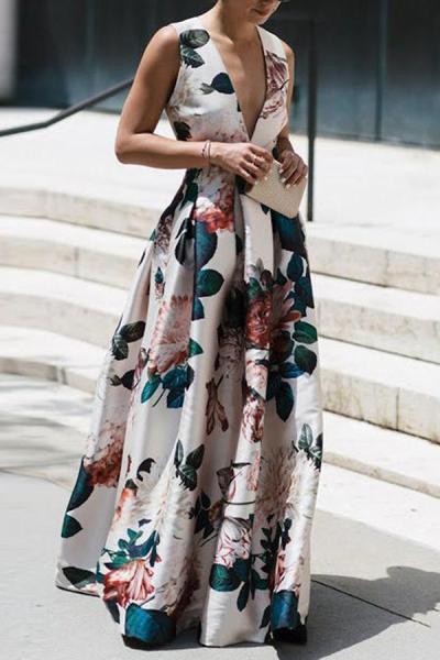 Fashion independent station V-neck fashion printed long skirt