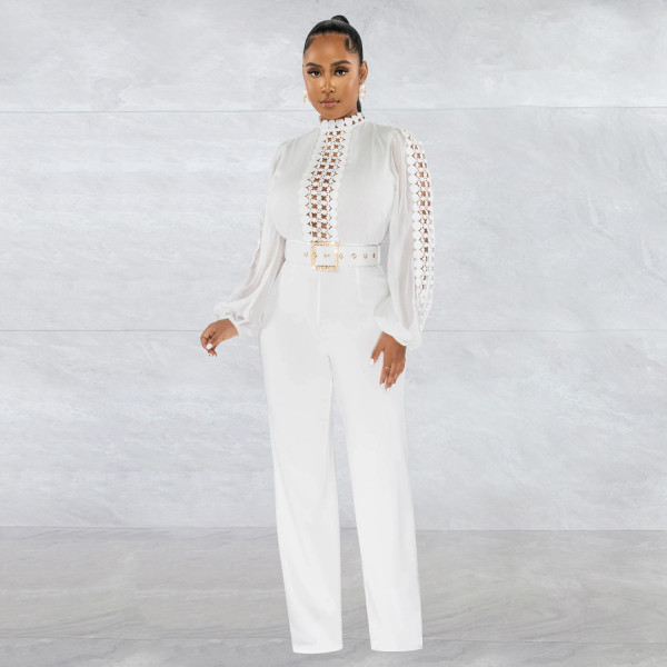 Women's waistband lace cut out solid color long sleeved pants jumpsuit