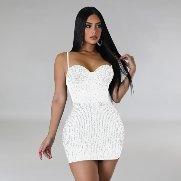 Fashion Women's Mesh Hot Diamond Sleeveless Suspended Short Dress Dress
