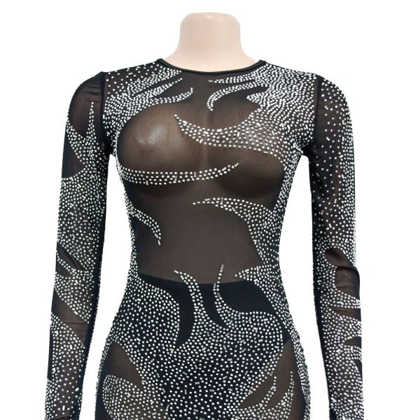 Women's solid color mesh hot diamond long sleeved short skirt dress