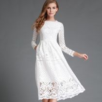 Round neck lace long sleeved slim fitting mid length skirt Round neck lace long sleeved slim fitting mid length skirt