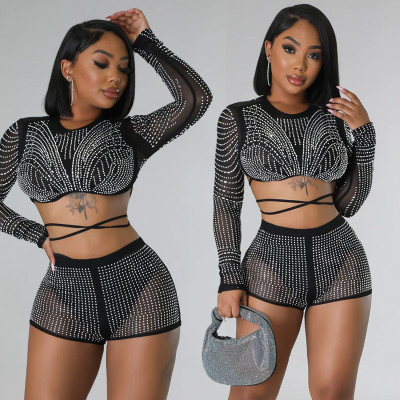 Women's solid color mesh hot diamond long sleeved shorts two-piece set