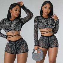 Women's solid color mesh hot diamond long sleeved shorts two-piece set Women's solid color mesh hot diamond long sleeved shorts two-piece set