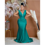 Fashion Women's Solid V-Neck Sleeveless Pleated Long Dress