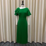 Ruffled Short Sleeve Oblique Shoulder Pleated Dress