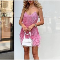 Sexy V-neck strap feather patchwork dress Sexy V-neck strap feather patchwork dress