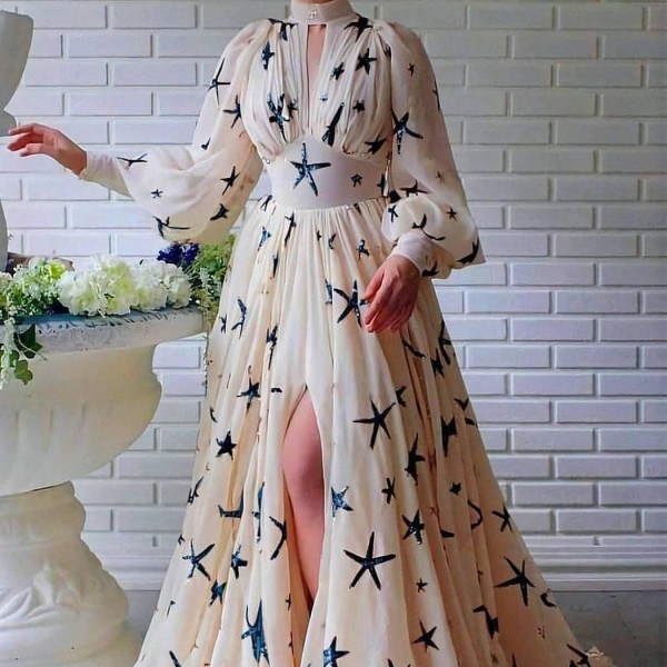 Multi color half high neck sequin slit lantern sleeve large swing dress chiffon dress