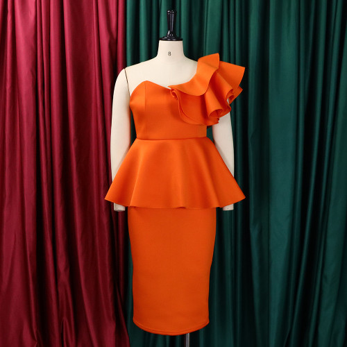 Hip Wrap Ruffle Edge Oblique Shoulder Banquet Evening Dress