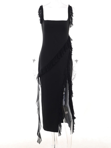 High slit ribbon sexy suspender dress