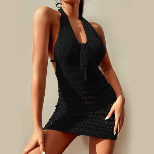 Beach Skirt Women's Solid Color Sexy Knitted Hollow Beach Bikini Swimwear Cover Up Sun Protection Clothing