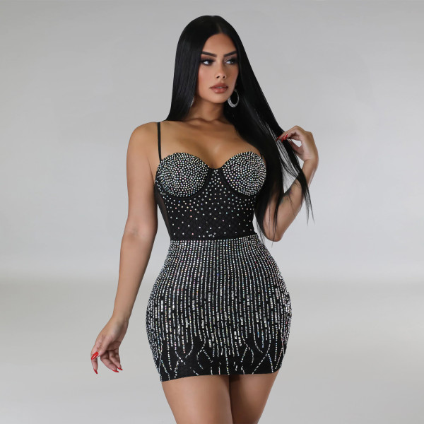 Fashion Women's Mesh Hot Diamond Sleeveless Suspended Short Dress Dress