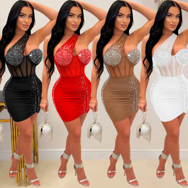 Women's Solid Color Diamond Mesh Sleeveless Oblique Neck Short Dress Dress