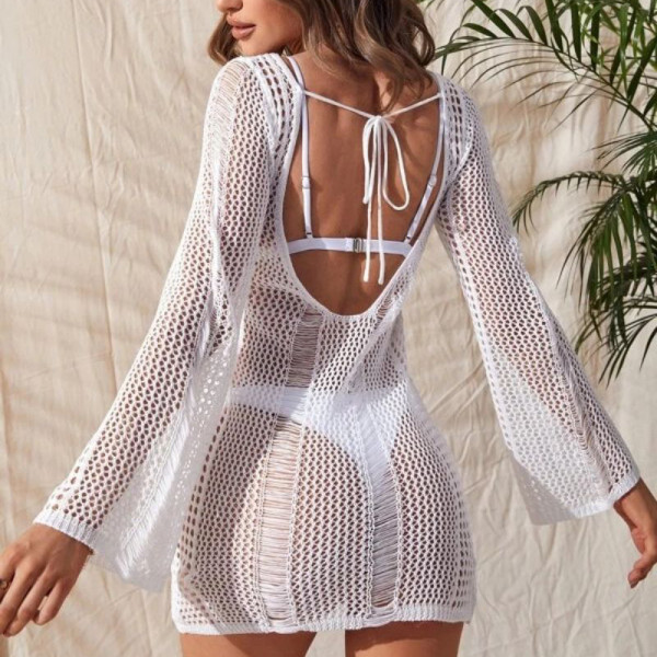 Beach Skirt Knitted Hollow Open Back Sexy Long Sleeve Wrap Hip Bikini Swimwear Cover Up