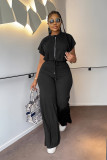 Drawstring short top, high waisted split women's pants, fashionable two-piece set