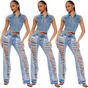 Versatile, slim fitting, sexy, slightly elastic, perforated, and slightly flared jeans
