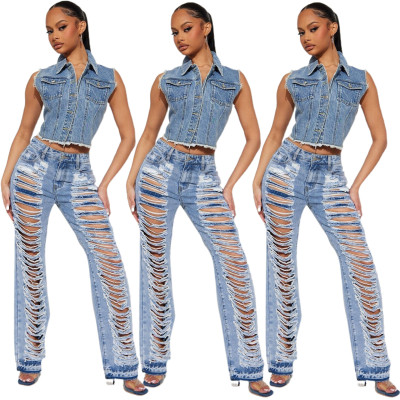 Versatile, slim fitting, sexy, slightly elastic, perforated, and slightly flared jeans