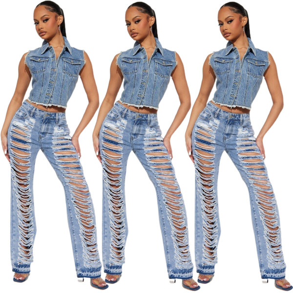 Versatile, slim fitting, sexy, slightly elastic, perforated, and slightly flared jeans