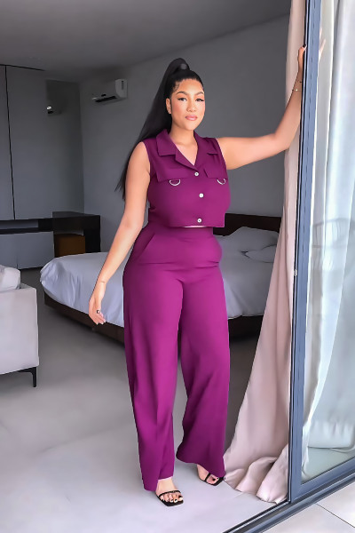 Polo collar vest set casual high waisted straight pants two-piece set