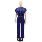 Drawstring short top, high waisted split women's pants, fashionable two-piece set