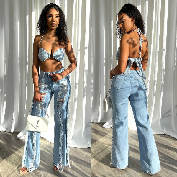 Perforated Slim Jeans Women's Pants Long Pants Set
