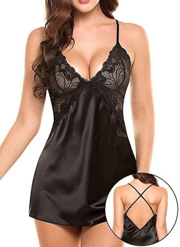 Fun Underwear Sexy Imitation Ice Silk Back Cross Strap Sleeping Dress Fun Set