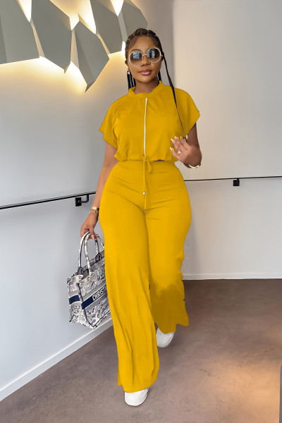 Drawstring short top, high waisted split women's pants, fashionable two-piece set