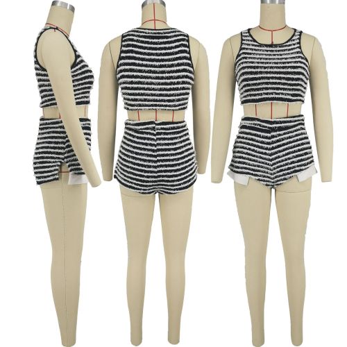 Women's Texture Stripes Sexy Fashion Spicy Girl Casual Versatile Tank Top Short Set