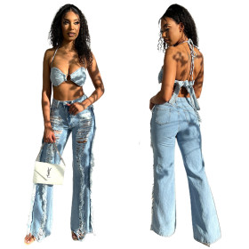 Perforated Slim Jeans Women's Pants Long Pants Set