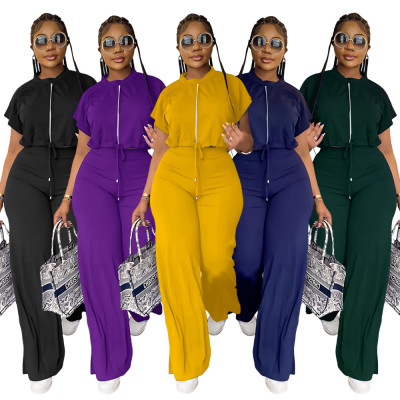 Drawstring short top, high waisted split women's pants, fashionable two-piece set
