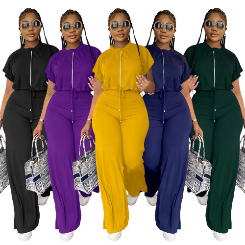 Drawstring short top, high waisted split women's pants, fashionable two-piece set