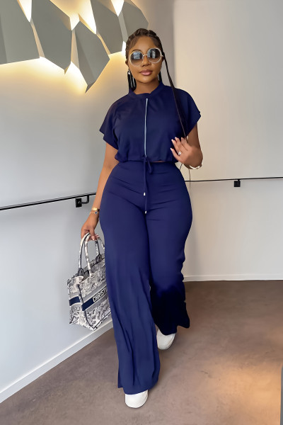 Drawstring short top, high waisted split women's pants, fashionable two-piece set