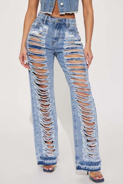 Versatile, slim fitting, sexy, slightly elastic, perforated, and slightly flared jeans