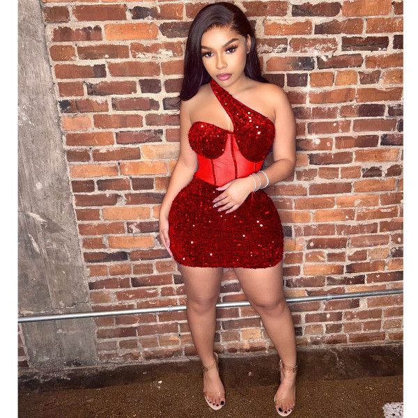 Women's Fashion Sexy Mesh Beaded Slant Shoulder Short Dress