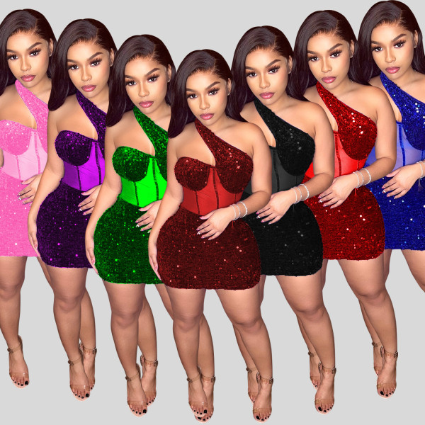 Women's Fashion Sexy Mesh Beaded Slant Shoulder Short Dress