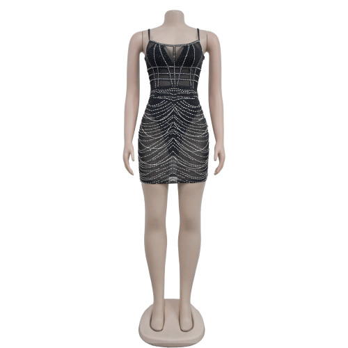 Women's solid color suspender sleeveless mesh hot diamond short skirt dress