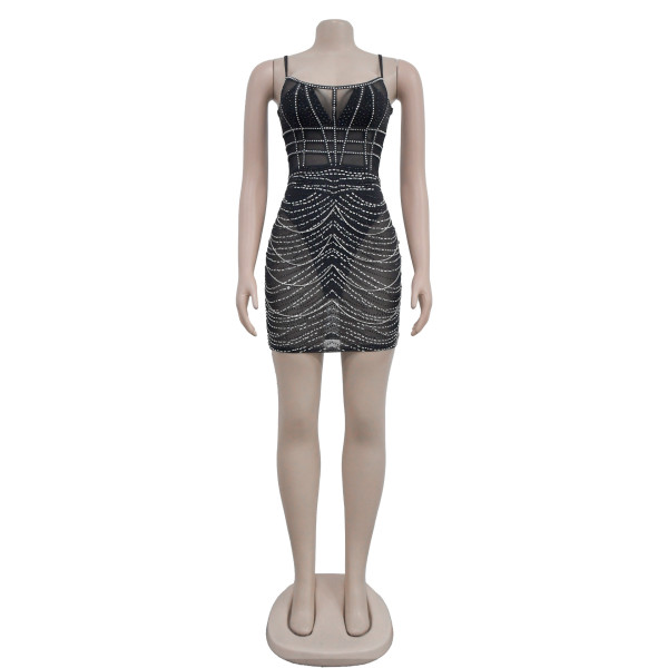 Women's solid color suspender sleeveless mesh hot diamond short skirt dress