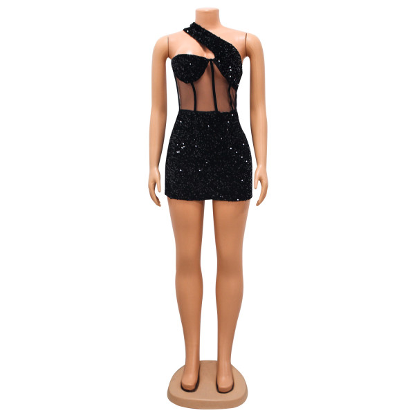 Women's Fashion Sexy Mesh Beaded Slant Shoulder Short Dress